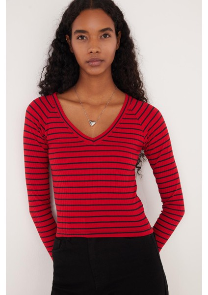 Kadın Slim Fit Dar Kesim Çizgili Uzun Kollu Geniş Yaka Bluz indirimleri