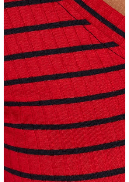 Kadın Slim Fit Dar Kesim Çizgili Uzun Kollu Geniş Yaka Bluz