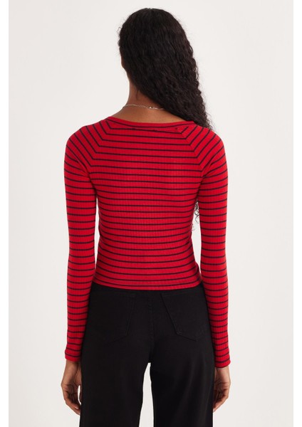 Kadın Slim Fit Dar Kesim Çizgili Uzun Kollu Geniş Yaka Bluz