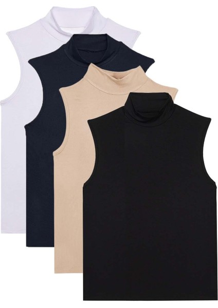 Kadın 4'lü Paket Beyaz-Lacivert-Bej-Siyah Regular Fit Viskon Kumaş Balıkçı Yaka Sıfır Kol Bluz