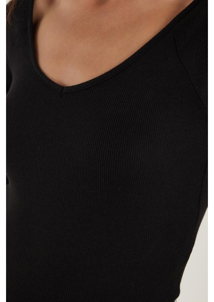 Kadın Modal Kumaş Slim Fit Dar Kesim Uzun Kollu Kayık Yaka Siyah Bluz modelleri