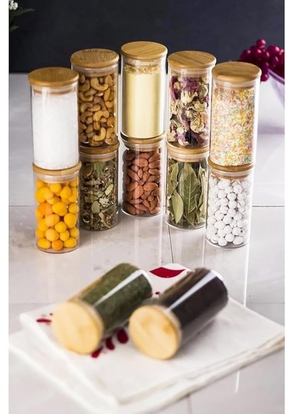 6'lı Bambu Kapaklı Cam Baharatlık Seti Vakum Kapak, 6 Adet Bambu Kapaklı Cam Kavanoz & Baharat Takımı & Baharatlık 200ML-250ML-325 ml (Vakum Kapak) (325ML 6 Adet)