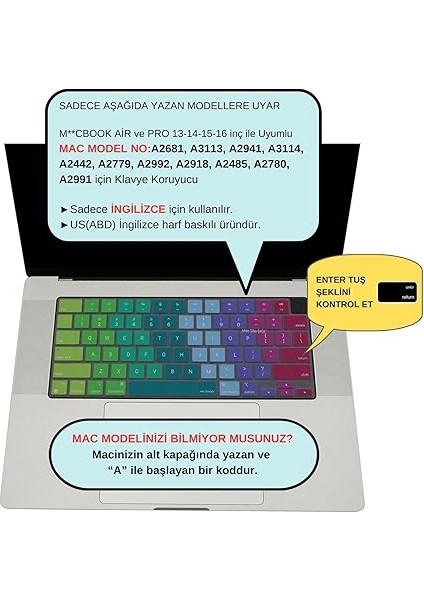 Macbook Air Pro Klavye Koruyucu M1-M2-M3,(Us-Abd Ingilizce) A2681 A3113, A2941 A3114, A2442 A2779 A2992 A2918, A2485 A2780 A2991 ile Uyumlu Dazzle Pembe Yeşil fiyatları