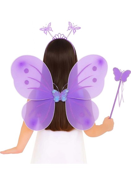 Lila Mor Kelebek Kız Seti – 50 cm Kelebek Kanadı, Taç ve Asa
