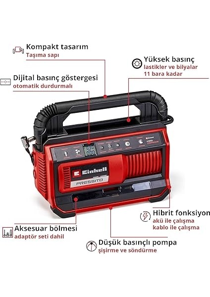 Pressito 18/25 Power X-Change Hibrit Kompresör (18 V, Güç Kablosu Veya Akü ile Çalışır, Maks. 11 Bar, 4-Parçalı Adaptör Seti ve 2 Hortum Dahil, Akü Dahil Değildir) - 4020430 modelleri