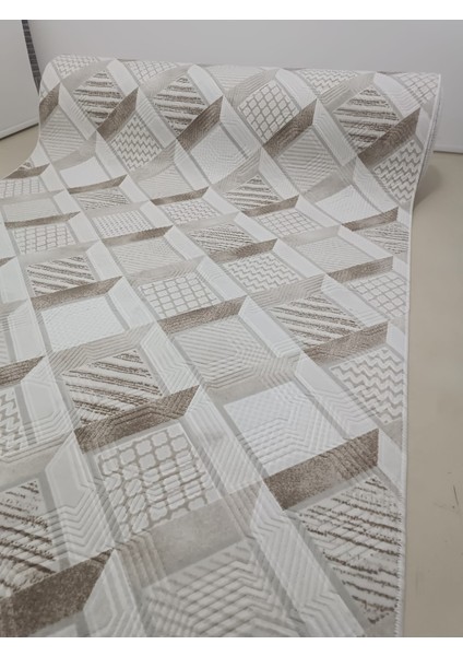 Dinar Motif Bej Kahverengi Kaymaz Taban Kesme Yolluk Halı Modern Desen modelleri