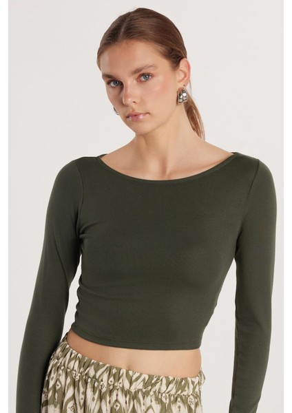 Kadın Slim Fit Dar Kesim Modal Kumaş Uzun Kollu Bisiklet Yaka Haki Bluz