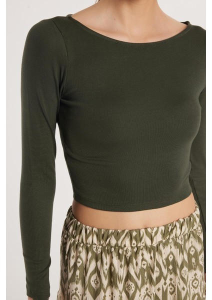 Kadın Slim Fit Dar Kesim Modal Kumaş Uzun Kollu Bisiklet Yaka Haki Bluz fiyatları