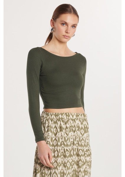 Kadın Slim Fit Dar Kesim Modal Kumaş Uzun Kollu Bisiklet Yaka Haki Bluz modelleri