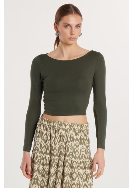 Kadın Slim Fit Dar Kesim Modal Kumaş Uzun Kollu Bisiklet Yaka Haki Bluz fırsatları