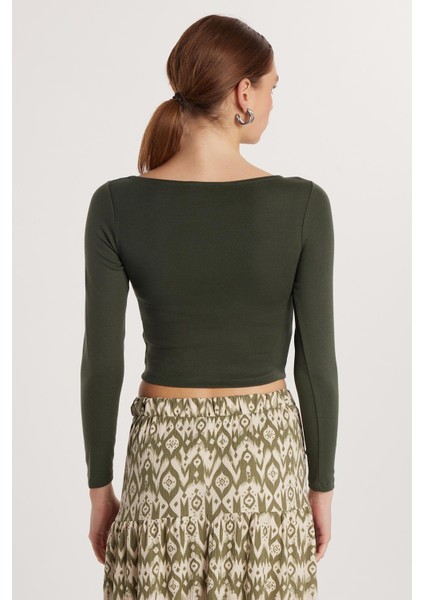 Kadın Slim Fit Dar Kesim Modal Kumaş Uzun Kollu Bisiklet Yaka Haki Bluz indirimleri