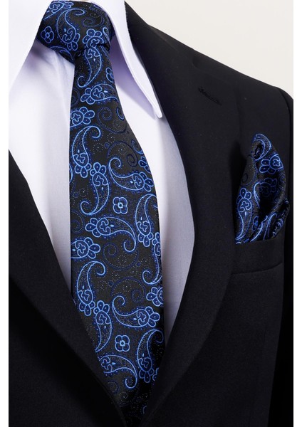 8 cm Hand Made Siyah - Mavi Şal Desen Mendilli Kravat