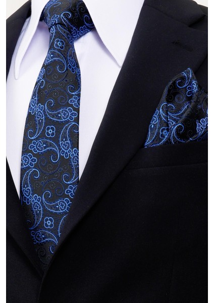 8 cm Hand Made Siyah - Mavi Şal Desen Mendilli Kravat fiyatları