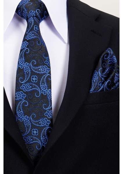 8 cm Hand Made Siyah - Mavi Şal Desen Mendilli Kravat modelleri