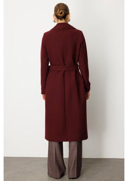Beli Kuşaklı Kruvaze Yaka Kaban Bordo 06063 modelleri