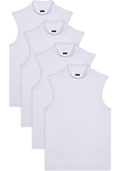 Kadın 4'lü Paket Beyaz Regular Fit Viskon Kumaş Balıkçı Yaka Sıfır Kol Bluz