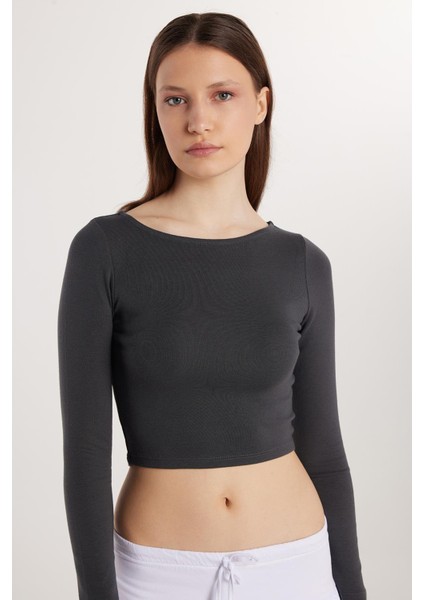 Kadın Slim Fit Dar Kesim Modal Kumaş Uzun Kollu Bisiklet Yaka Antrasit Bluz
