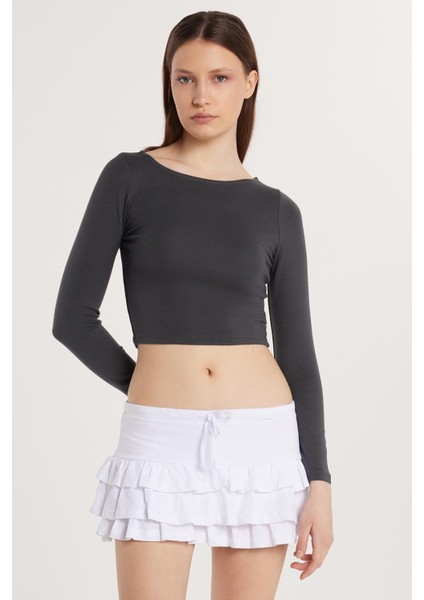 Kadın Slim Fit Dar Kesim Modal Kumaş Uzun Kollu Bisiklet Yaka Antrasit Bluz modelleri