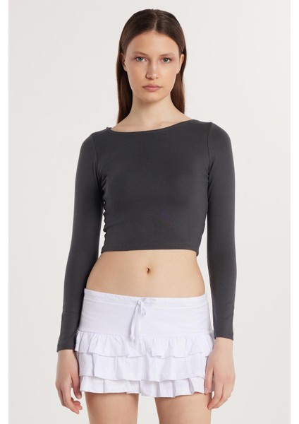 Kadın Slim Fit Dar Kesim Modal Kumaş Uzun Kollu Bisiklet Yaka Antrasit Bluz fırsatları