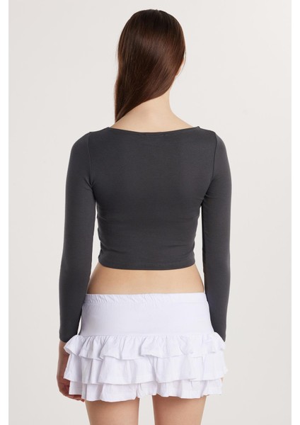 Kadın Slim Fit Dar Kesim Modal Kumaş Uzun Kollu Bisiklet Yaka Antrasit Bluz indirimleri