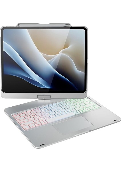 Klavye Kılıfı, iPad Air 13 Inç (M3/m2) ve Pro 13 Inç (M4), Pro 12,9 Inç (6/5/4/3 Nesil) Için, Multi-Touch Trackpad, 360° Döndürülebilir, 7 Renkli Arka Plan Aydınlatması (Gümüş, Almanca Düzeni)