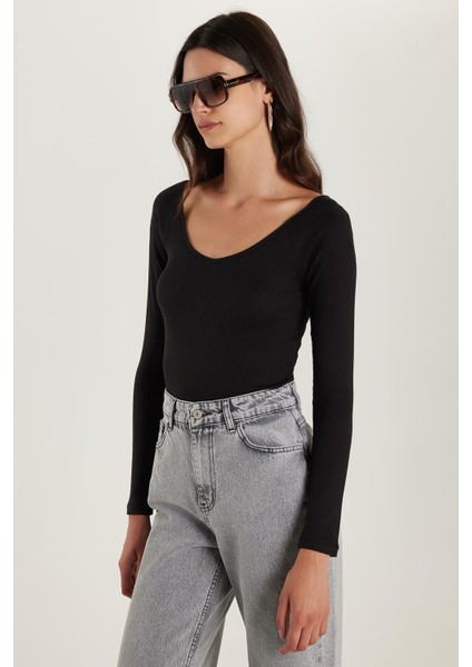 Kadın Modal Kumaş Slim Fit Dar Kesim Uzun Kollu Kayık Yaka Siyah Bluz fırsatları