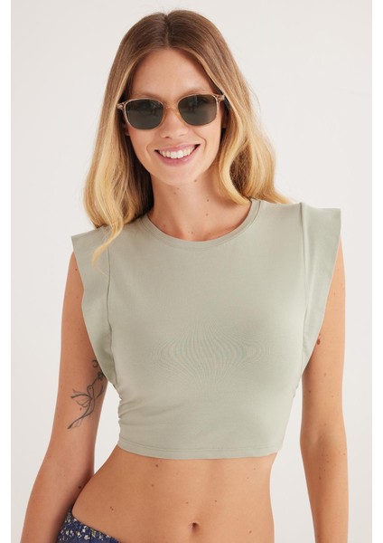 Kadın Slim Fit Dar Kesim Sıfır Kollu Bisiklet Yaka Yeşil Bluz