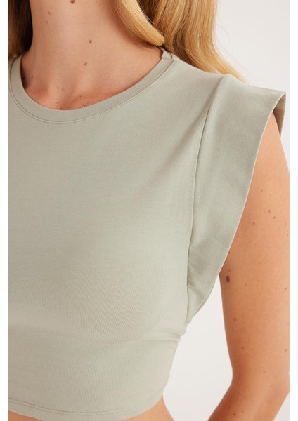 Kadın Slim Fit Dar Kesim Sıfır Kollu Bisiklet Yaka Yeşil Bluz modelleri