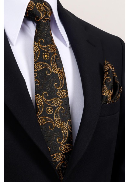 8 cm Hand Made Siyah - Gold Şal Desen Mendilli Kravat