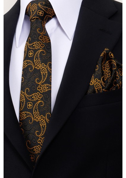 8 cm Hand Made Siyah - Gold Şal Desen Mendilli Kravat fiyatları