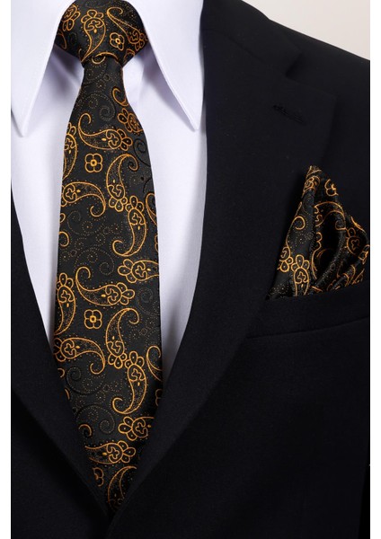 8 cm Hand Made Siyah - Gold Şal Desen Mendilli Kravat modelleri