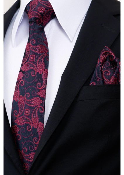 8 cm Hand Made Lacivert - Mor Şal Desen Mendilli Kravat fiyatları