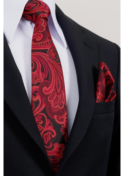 8 cm Hand Made Siyah - Kırmızı Desenli Mendilli Kravat
