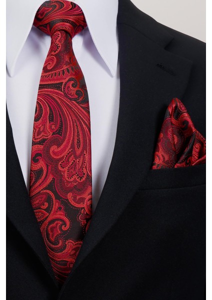 8 cm Hand Made Siyah - Kırmızı Desenli Mendilli Kravat modelleri