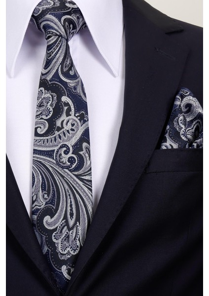 8 cm Hand Made Lacivert - Gri Desenli Mendilli Kravat modelleri