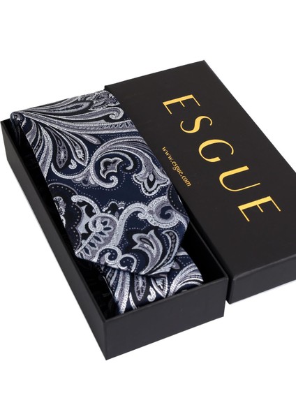 8 cm Hand Made Lacivert - Gri Desenli Mendilli Kravat indirimleri