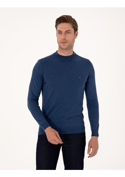 Erkek Indigo Melanj Slim Fit Çeyrek Yaka Basic Triko Kazak 50314188-VR155