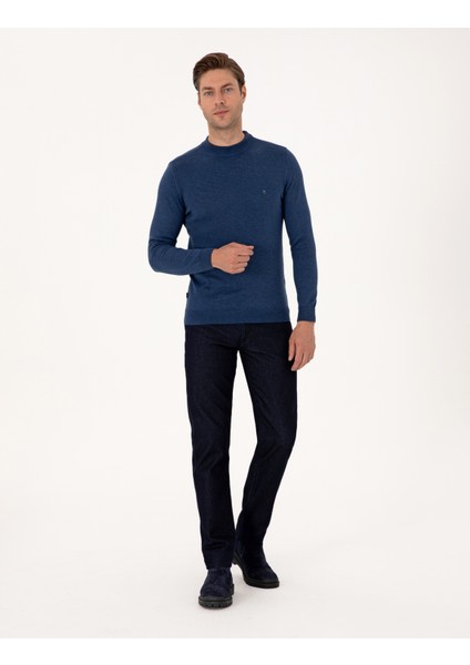 Erkek Indigo Melanj Slim Fit Çeyrek Yaka Basic Triko Kazak 50314188-VR155 fırsatları