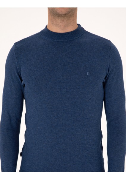 Erkek Indigo Melanj Slim Fit Çeyrek Yaka Basic Triko Kazak 50314188-VR155