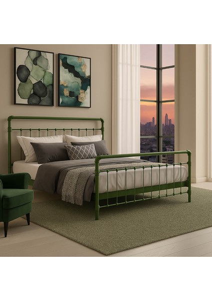 Odin Çift Kişilik Metal Karyola-Yeşil (Ahşap Latalı)