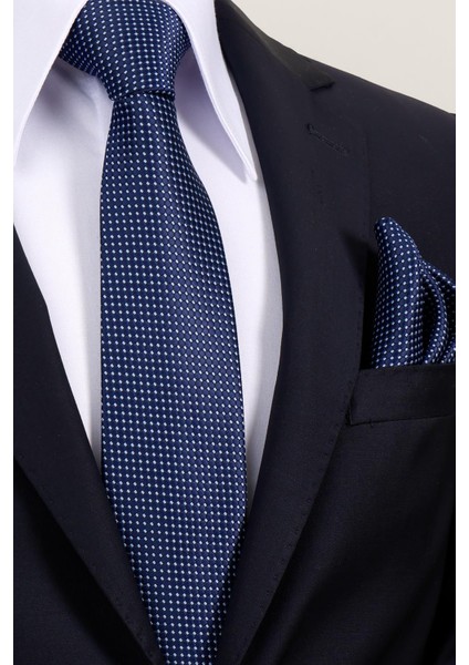 8 cm Hand Made Lacivert - Mavi Nokta Desenli Mendilli Kravat