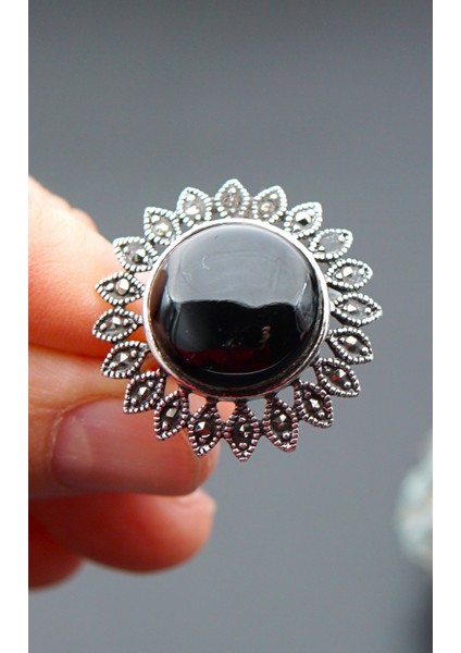 925 Ayar Gümüş Oltu Taşı Kadın Yüzük SK00096