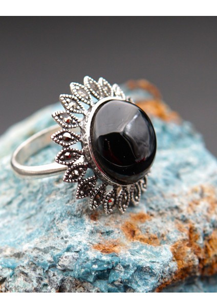 925 Ayar Gümüş Oltu Taşı Kadın Yüzük SK00096 fiyatları