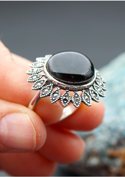 925 Ayar Gümüş Oltu Taşı Kadın Yüzük SK00096 fırsatları