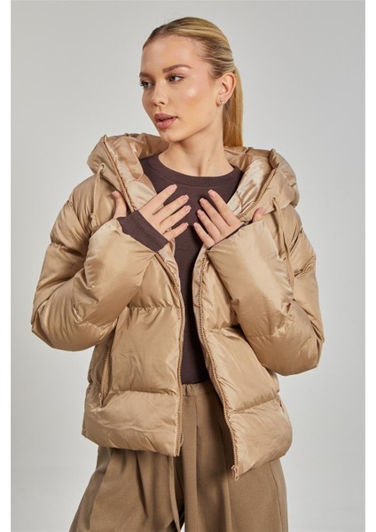 Kadın Kapüşonlu Şişme Mont - Taş Rengi