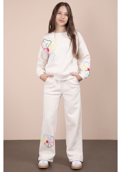 Krem Çiçek Nakış Detaylı Geniş Paça Kız Çocuk Şardonlu Takım 23284