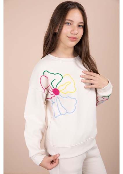 Krem Çiçek Nakış Detaylı Geniş Paça Kız Çocuk Şardonlu Takım 23284 fiyatları