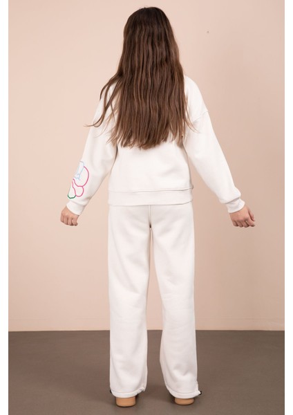 Krem Çiçek Nakış Detaylı Geniş Paça Kız Çocuk Şardonlu Takım 23284 modelleri