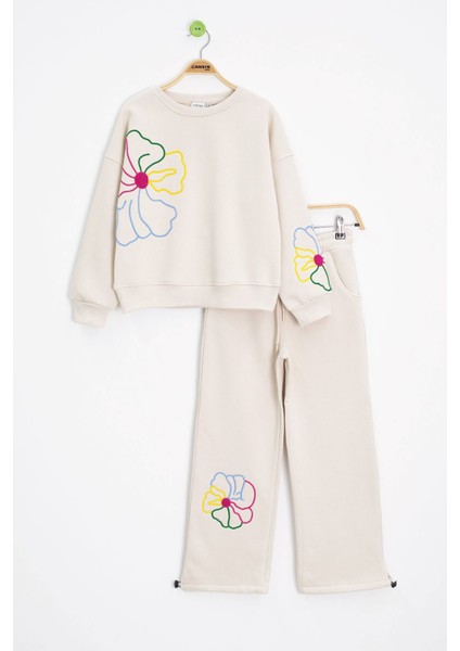 Krem Çiçek Nakış Detaylı Geniş Paça Kız Çocuk Şardonlu Takım 23284 fırsatları