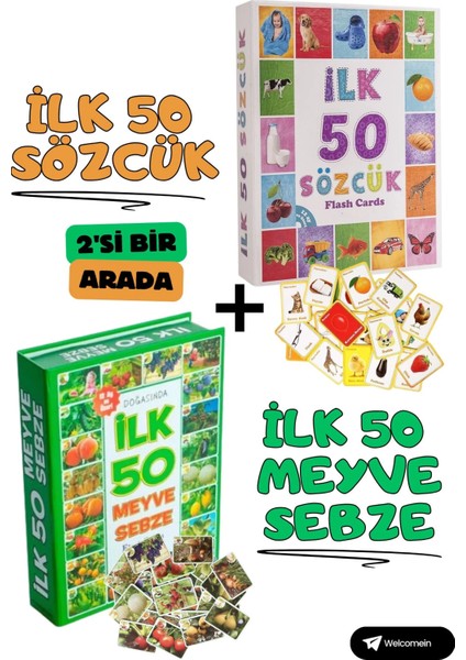 Oyuncak Minik Bebeğimin Ilk 50 Sözcük Kartları ve Ilk 50 Meyve Sebze Kartları Flash Kart Set 2'li